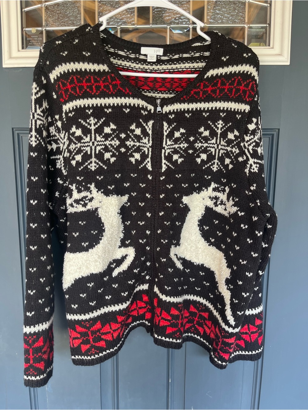 Women’s Holiday Reindeer Zip-Up Sweater - Black, White & Red